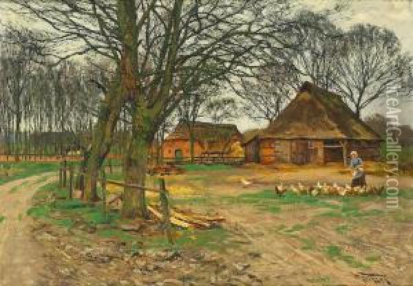Anwesen Mit Huhnerhof Und Bauerin In Herbstlicher Landschaft. Oil Painting - Wilhelm Fritzel