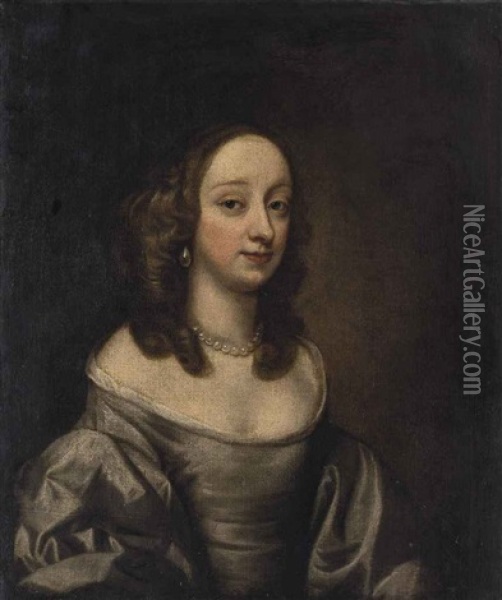Portrait Of Lady Alice Egerton (1619-1689), Half-length, In A Grey Silk Dress And Pearls Oil Painting - John Hayls