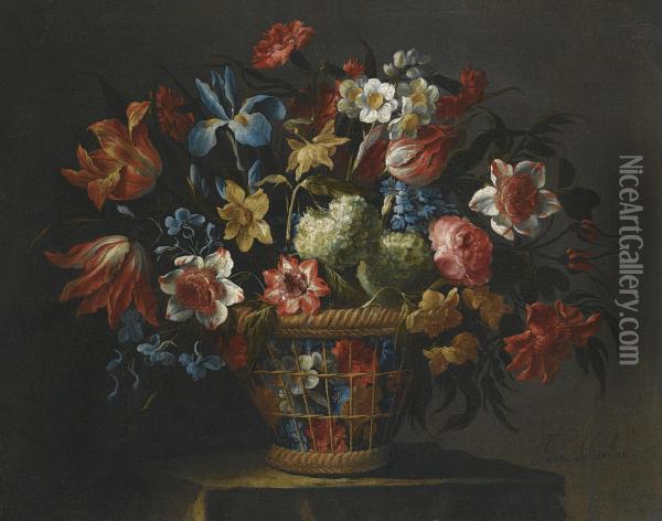 Still Life With Flowers, Including Anemones, Snowballs And Yellownarcissi, In A Wicker Basket Set Upon A Stone Pedestal Oil Painting - Juan De Arellano