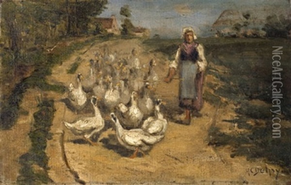 Geese Oil Painting - Hippolyte Camille Delpy