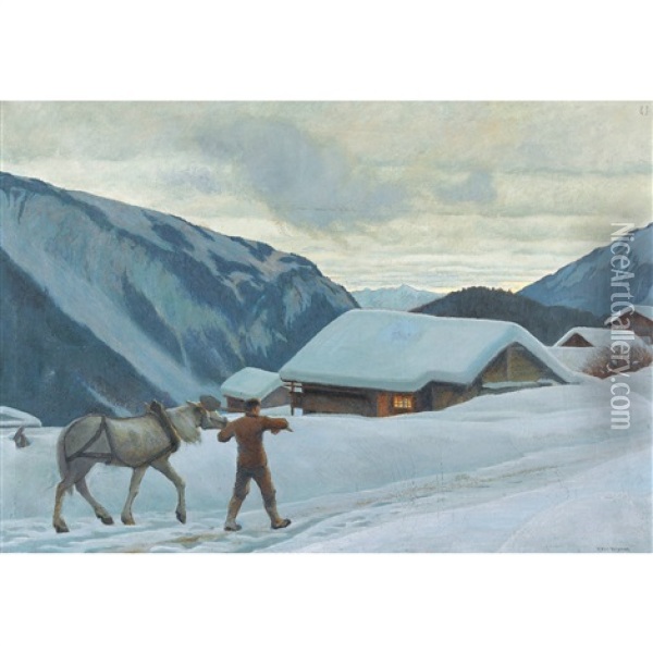 Winterlicher Sonnenaufgang Im Gebirge Mit Bauer Und Pferd Oil Painting - Hans Widmer