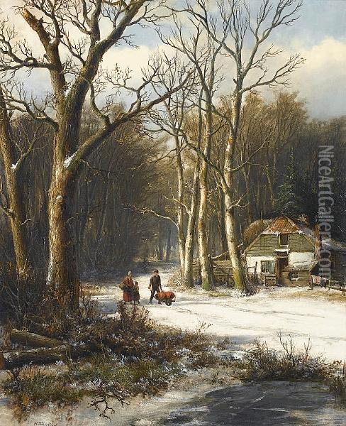 A Woodland In Winter Oil Painting - Hendrik Pieter Koekkoek