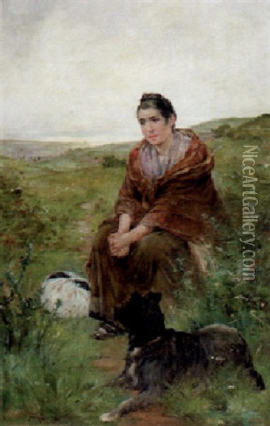 Peasant Woman With Her Dog Oil Painting - Henry Bacon