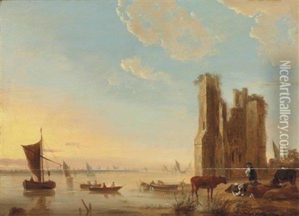 A River Landscape With A Herdsman And His Cattle Resting By A Ruined Tower, Kaags And Other Vessels On The Calm Waters Oil Painting - Aelbert Cuyp