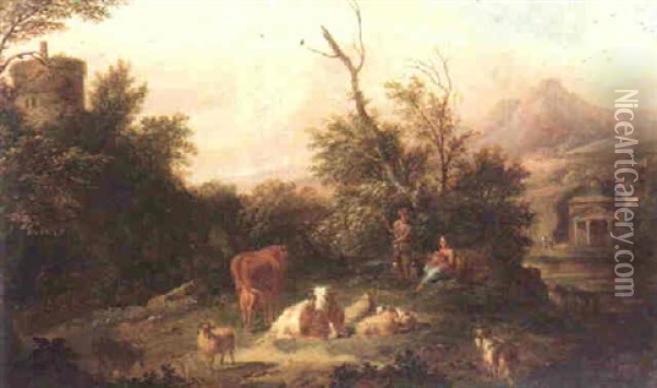An Italianate Landscape With A Cowherd Watching Over His Livestock, Shepherdess Beside Him Cradling A Child Oil Painting - Jan van der Vaardt
