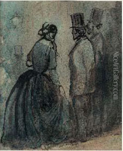 Deux Hommes Et Une Femme Conversant Dans La Rue Oil Painting - Constantin Guys