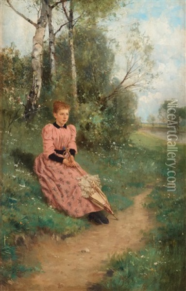 Forest Scene With Young Woman Oil Painting - Louis Lang