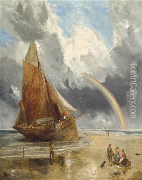 Unloading The Catch, Low Tide Oil Painting - William Joseph J. C. Bond