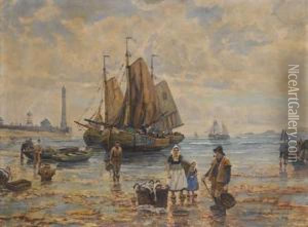Hollandische Fischerbeim Entladen Ihrer Boote Am Strand Oil Painting - F.M. Richter-Reich