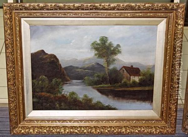 A Cottage By A Stream Oil Painting - G. Leslie