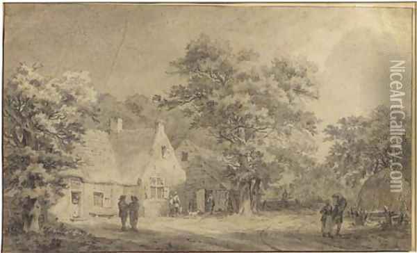 A farmstead among trees, figures on a road to the left Oil Painting - Franciscus Andreas Milatz