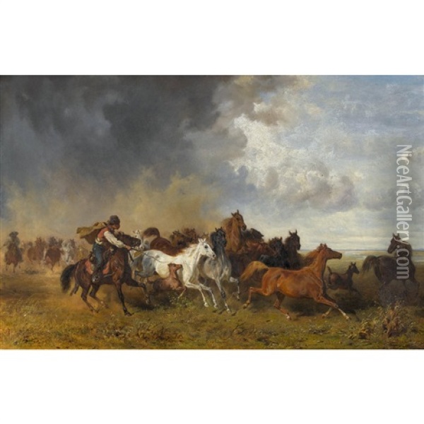 Reiter Mit Pferdeherde In Der Puszta Oil Painting - Franz Adam