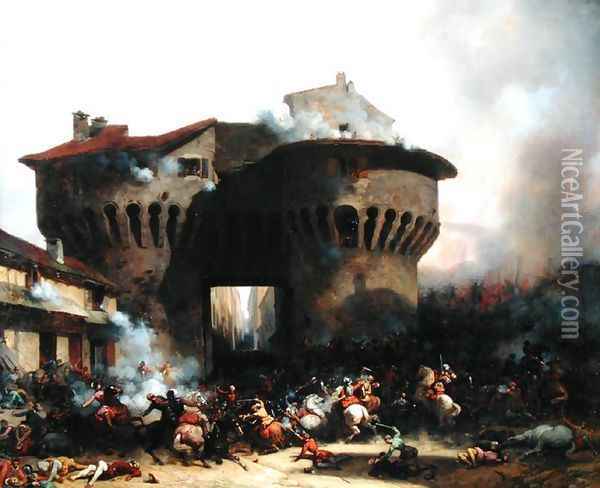 Combat at Porte Pannessac in 1562 Oil Painting - Julien-Michel Gue