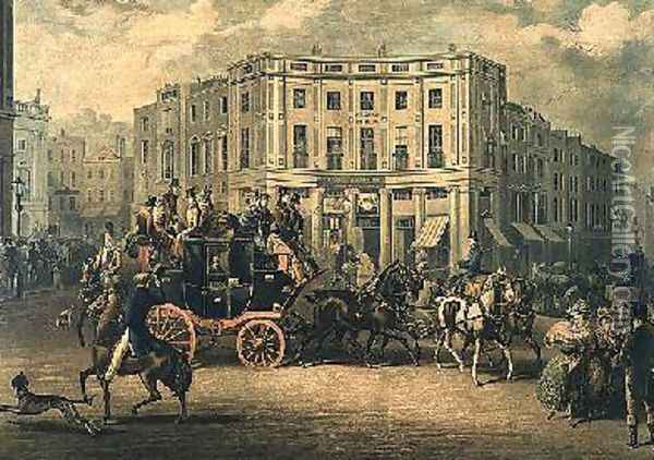 The Age Brighton Coach at the Bull and Mouth Regent Circus Oil Painting - E. F. Lambert