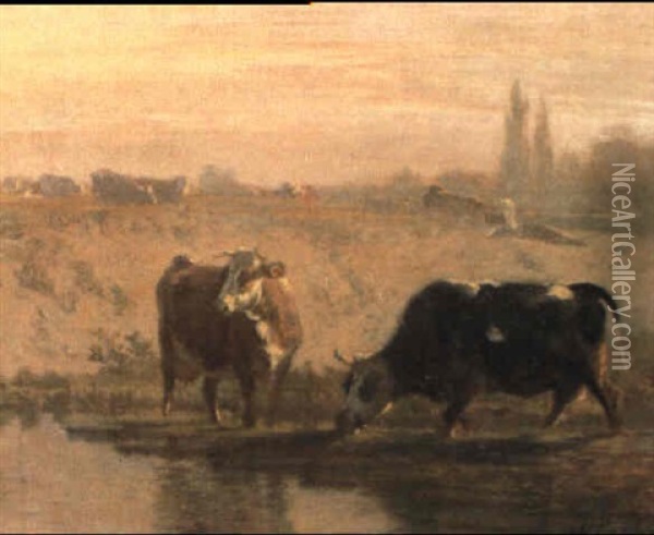Zwei Kuhe An Der Tranke Oil Painting - Charles (Jean-Ch. Ferdinand) Humbert