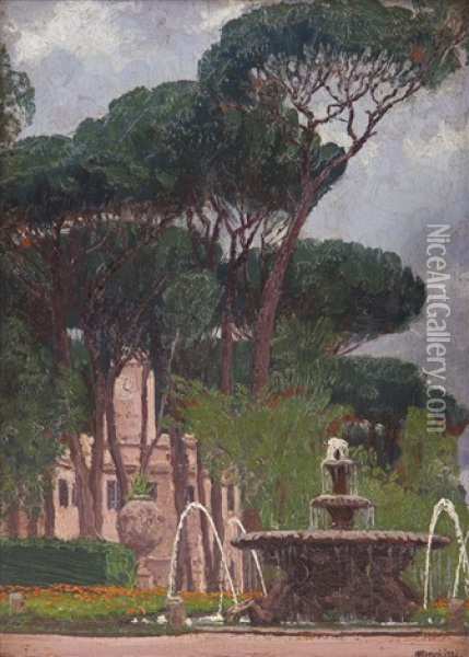 Fontanna W Ogrodach Borghese Oil Painting - Edward Okun