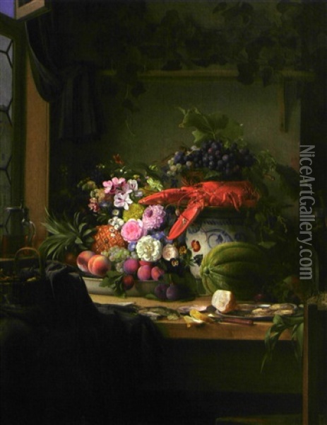 Nature Morte Au Homard, Fruits Et Fleurs Oil Painting - Carl Vilhelm Balsgaard