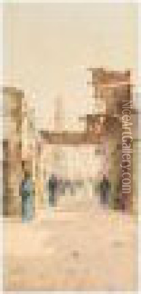 Figures On A Street, A Minaret Beyond, North Africa; Figures On A Street, North Africa Oil Painting - Spyridon Scarvelli