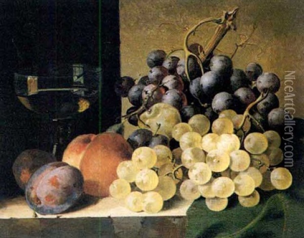 A Peach, Grapes, Plums And A Glass Of Wine On A Draped Ledge Oil Painting - Edward Ladell