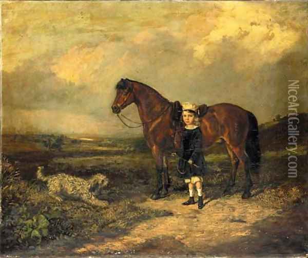 A Girl with her Favourite Pony and Dog in a landscape Oil Painting - English School