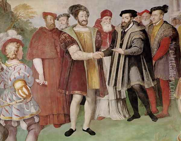 The Truce of Nice between Francis I (1494-1547) and Charles V (1500-58) from the Sala del Consiglio Trento Oil Painting - Taddeo Zuccaro