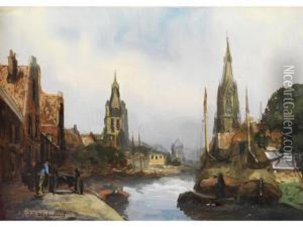 Kanal In Delft Oil Painting - Jan Hendrik Weissenbruch