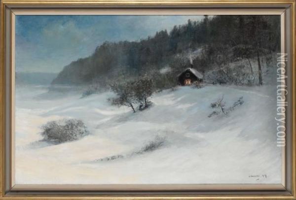 Stuga I Vinterlandskap Oil Painting - Olof Hermelin