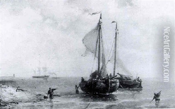 Moored Fishingboats Near The Coast Oil Painting - Nicolaas Riegen