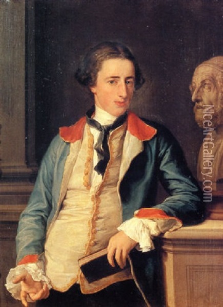 Portrait Of Robert Clements, 1st Earl Of Leitrim, Standing In A Blue Coat With Red Collar And Cuffs And Cream Waistcoat Oil Painting - Pompeo Girolamo Batoni