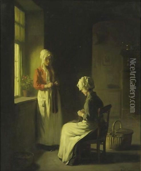 Sewing By The Window 2 Oil Painting - Claude Joseph Bail