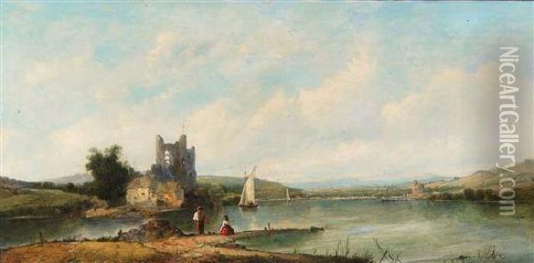 Fishing In A Lakeland Landscape With Ruined Tower And Cottages On A Bank Oil Painting - A.H. Vickers