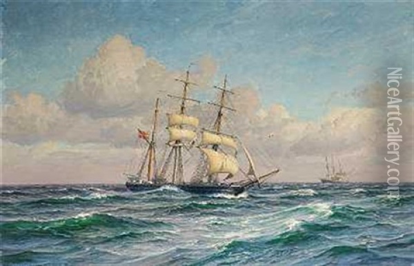 Gronlandsbarken "nordlyset" Modes Med Dampskibet "hans Egede" I Nordsoen Oil Painting - Vilhelm Karl Ferdinand Arnesen