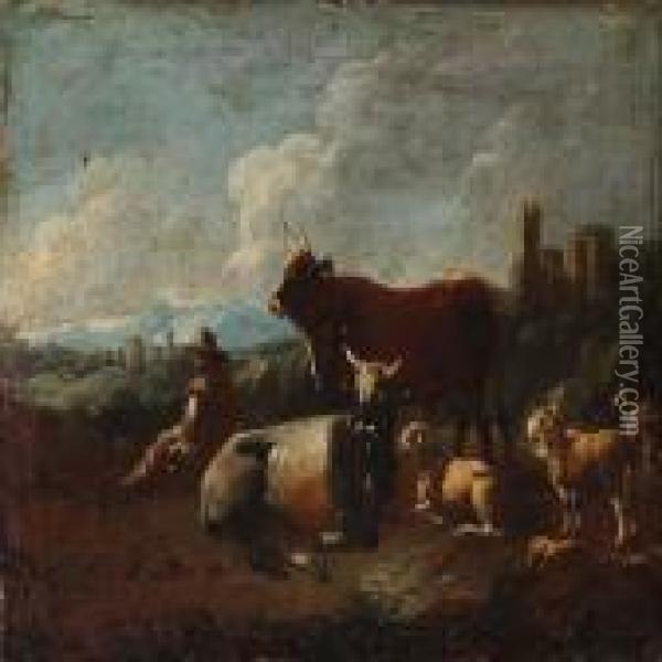 Shepherd With Cattle And Sheep Oil Painting - Philipp Peter Roos