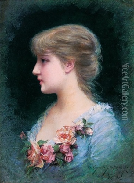 Portrait De Jeune Fille Aux Roses Oil Painting - Emile Eisman-Semenowsky