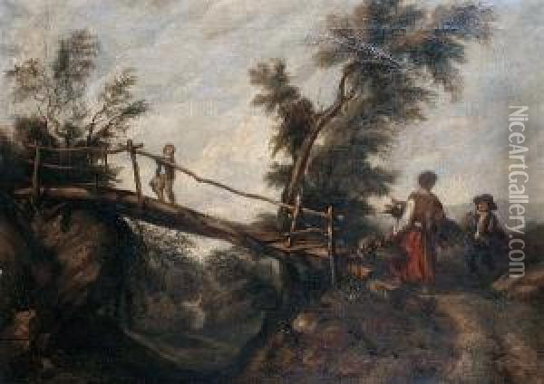 A Young Peasant Woman Collecting Firewood On A Country Path, A Wooden Bridge Beyond Oil Painting - Benjamin Barker Of Bath