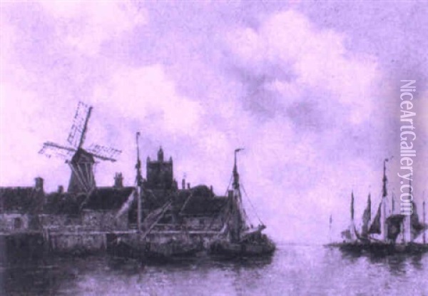 Boats Moored Before A Coastal Town Oil Painting - Hermanus Koekkoek the Younger