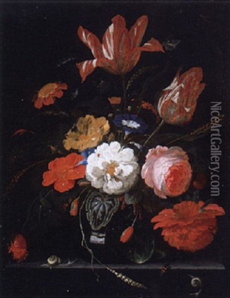 Flowers And Ears Of Wheat In A Glass Vase With Snails And A Butterfly On A Stone Ledge Oil Painting - Abraham Mignon