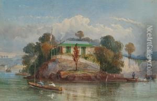 A Colonial House On A Rocky Promontory With Figures In Boats Oil Painting - Richard Principal Leitch