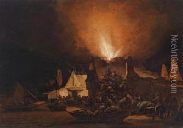 Night Scene With A Burning House Oil Painting - Egbert van der Poel