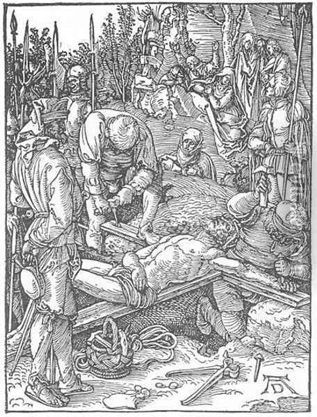 Small Passion 23. Christ Being Nailed to the Cross Oil Painting - Albrecht Durer