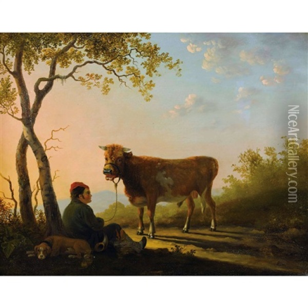 Abendstimmung Mit Schafer, Hund Und Kuh Oil Painting - Daniel van Oosterhoudt