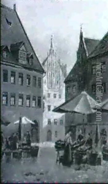 Marktplatz In Einer Franksischen Stadt Oil Painting - August Fischer