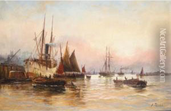 Shipping On The Thames Oil Painting - Edwin Fletcher
