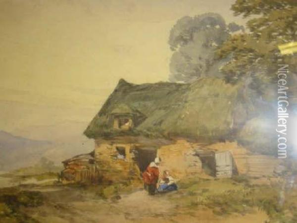 Lakeland Scene With Cottage And Figures In The Foreground Oil Painting - Benjamin Callow