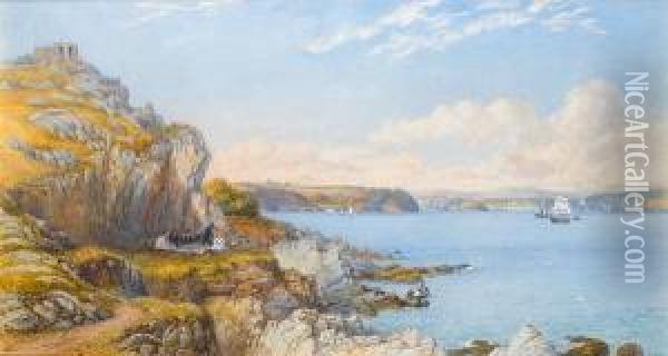 Below The Grotto On Penlee Point Lookingtowards Plymouth Sound Oil Painting - Philip Mitchell