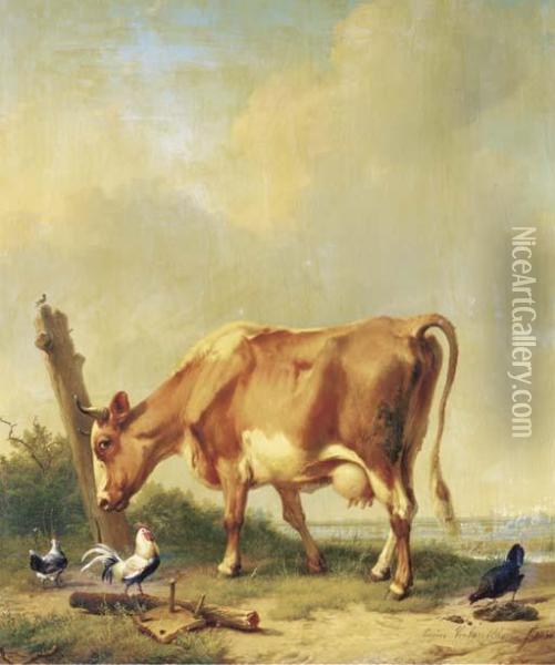 La Vache Rouge Et Blanche Se Frottant La Tete Contre Un Morceau De Bois Oil Painting - Eugene Joseph Verboeckhoven