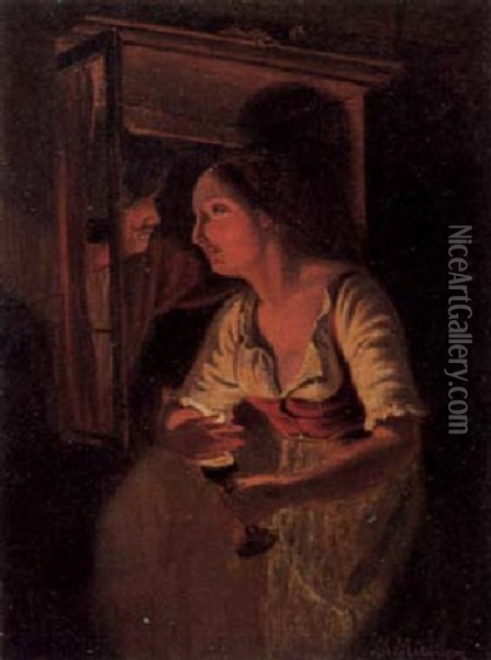 Am Fenster Empfangt Eine Junge Frau Bei Kerzenschein Ihren Liebhaber Oil Painting - Carl Friedrich Moritz Mueller