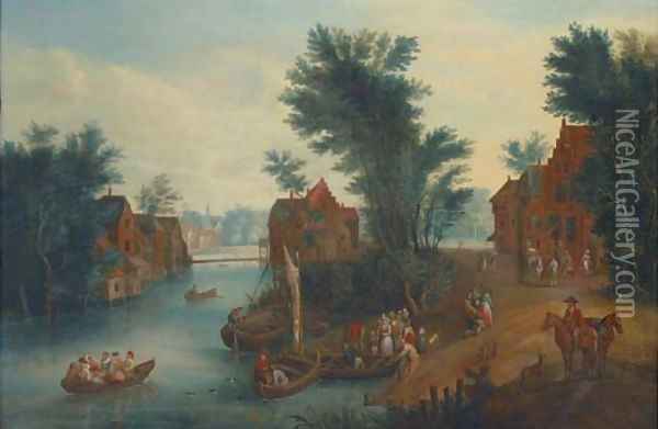 A village landscape with elegant company in ferries crossing a river Oil Painting - Mathys Schoevaerts
