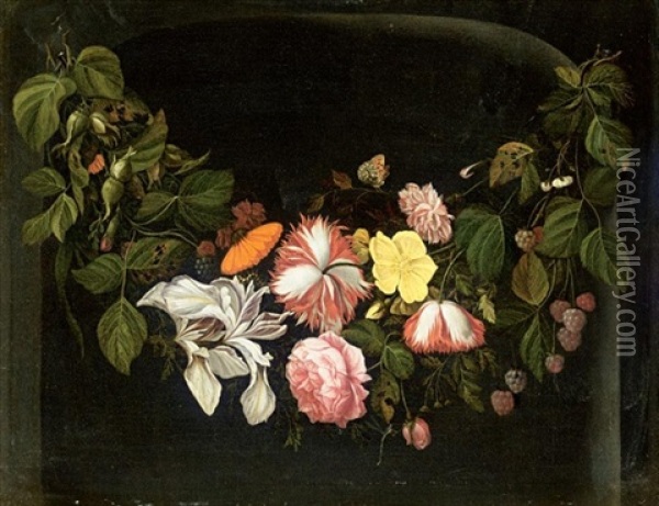 Still Life Of Flowers With A Branch Of Loganberries, A Butterly And A Dragonfly Oil Painting - Reinier De La Haye
