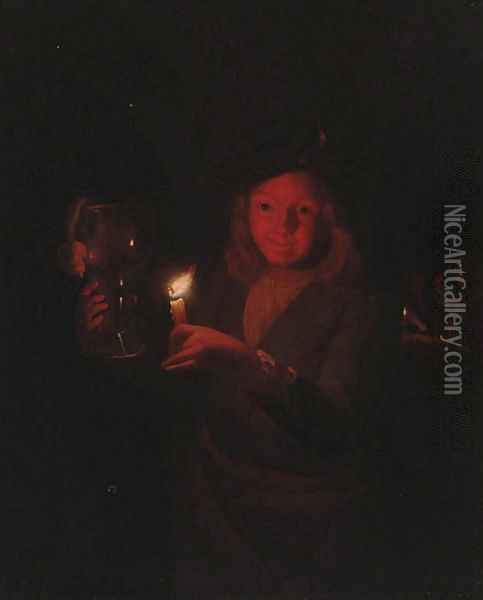 A boy holding a roemer by candlelight Oil Painting - Godfried Schalcken